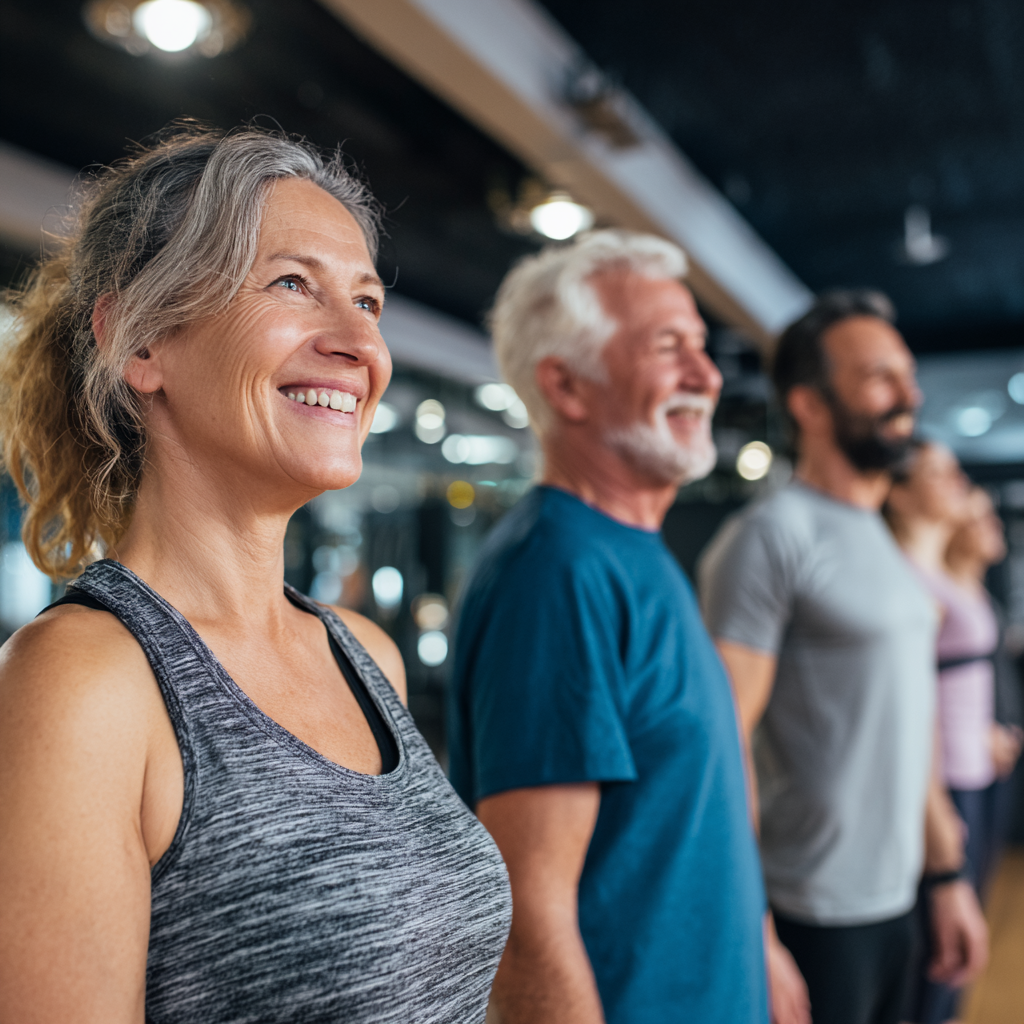 Adults of different ages engaging in group fitness activities in comfortable modern environment