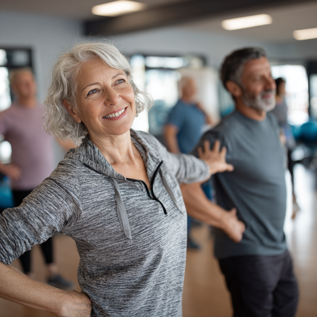 Experienced fitness instructor demonstrating proper exercise technique to mature adults