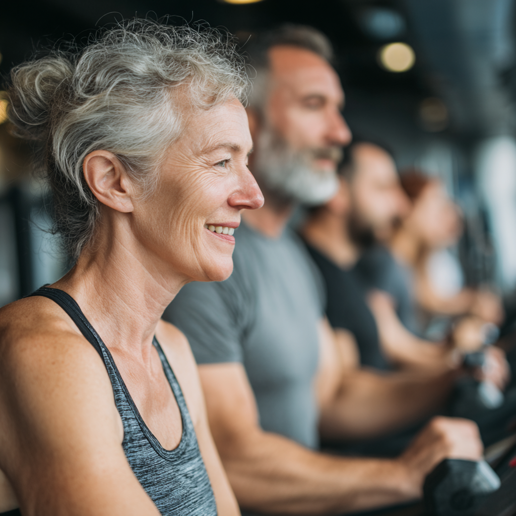 Middle-aged adults exercising in modern fitness center with professional equipment